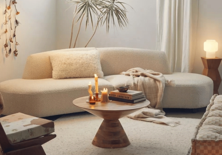 Curved Sectional Sofa in Off-White Bouclé Texture with Low Profile