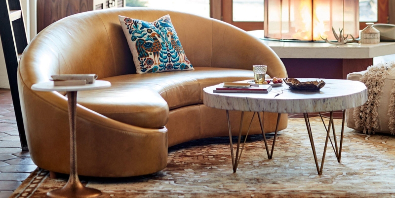 Curved Sofa Camel Tan Leather Like Slab Top Table Accent