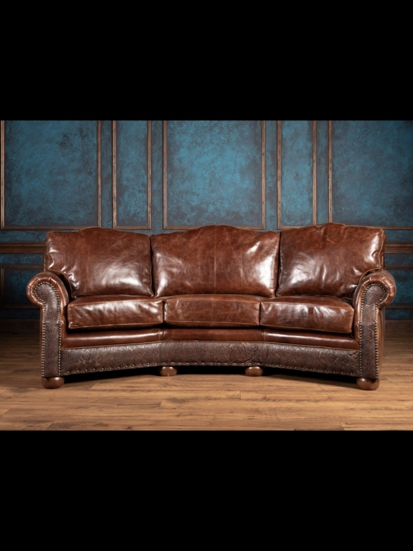 Curved Sofa Cognac Brown Scalloped Back Embossed Rail Western Luxe