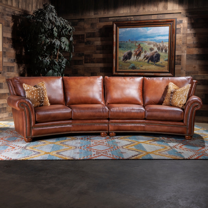 Curved Sofa Cognac Leather Like Nailhead Trim Fawn Print Pillows