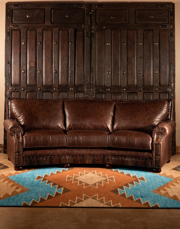 Curved Sofa Dark Brown Top Grain Leather Embossed Border Nailhead