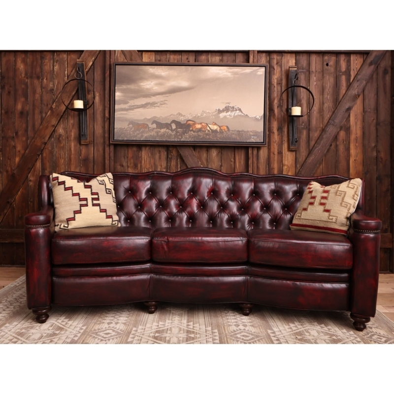 Curved Sofa Deep Burgundy Diamond Tufted Back Western Lodge Style