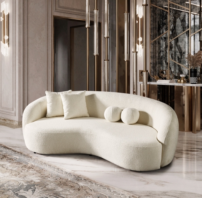 Curved Sofa featuring Asymmetrical Boucle Kidney Shape