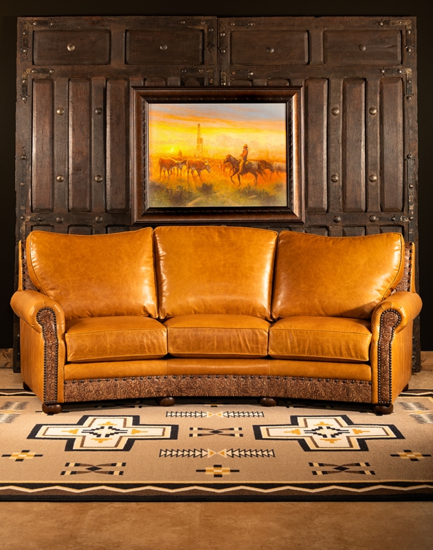 Curved Sofa Honey Tan Tooled Accents Nailhead Trim Classic Western