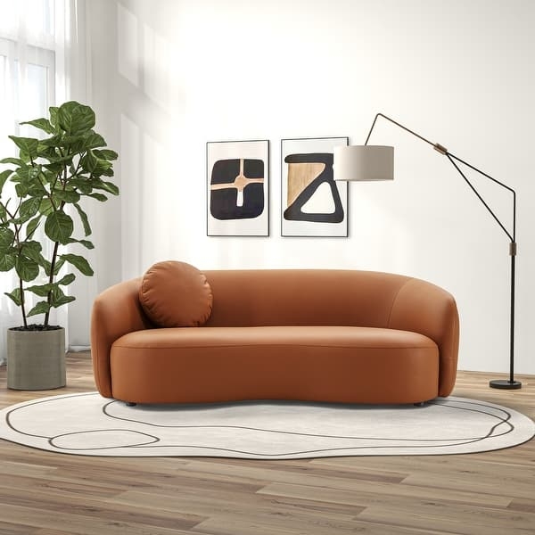 Curved Sofa in Cognac Orange Leather-Like Fabric