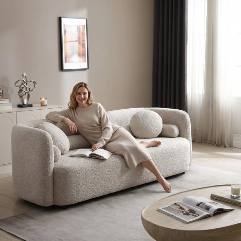 Curved Sofa in Textured Boucle with Spherical Pillows
