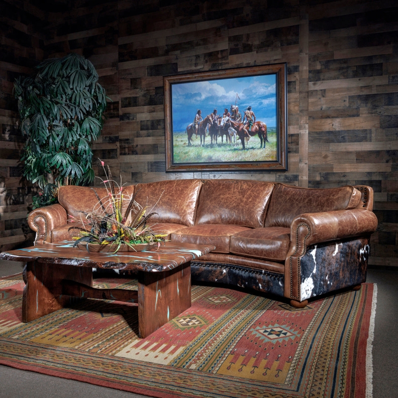 Curved Sofa Saddle Brown Cowhide Base Panel Turquoise Inlay Table