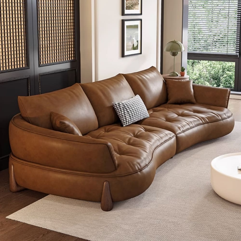 Curved Sofa Serpentine Shape Tufted Seat Vintage Aged Leather