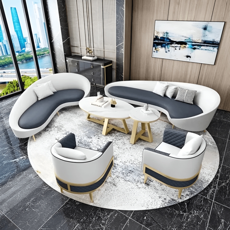 Curved Sofa Set Arctic White Diamond Quilting Modern Glam Kidney Shape