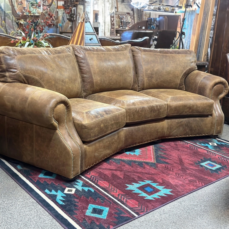 Curved Sofa Tobacco Brown Distressed Leather Nailhead Trim