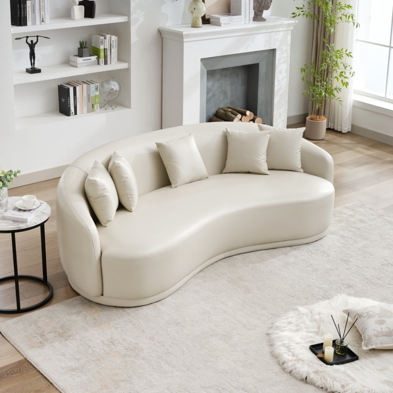 Curved Sofa Warm Beige Faux Leather Kidney Shape Minimalist