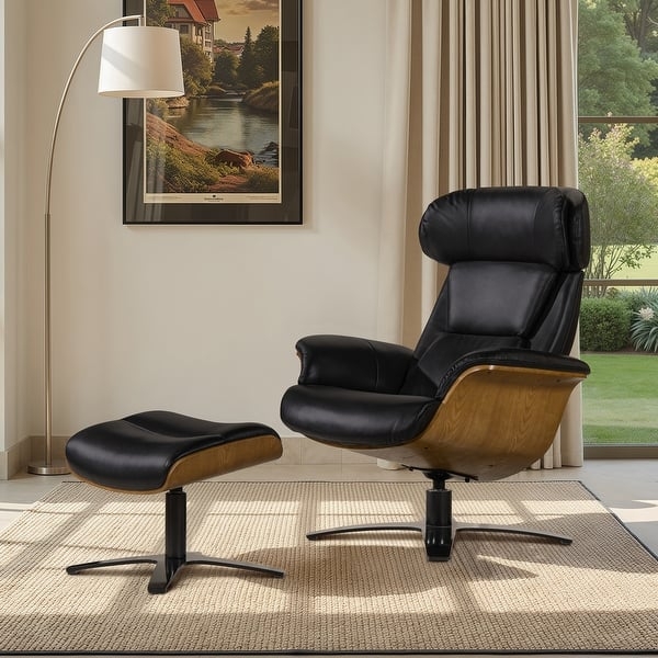Curved Wood Lounge Chair with Black Leather and Ottoman