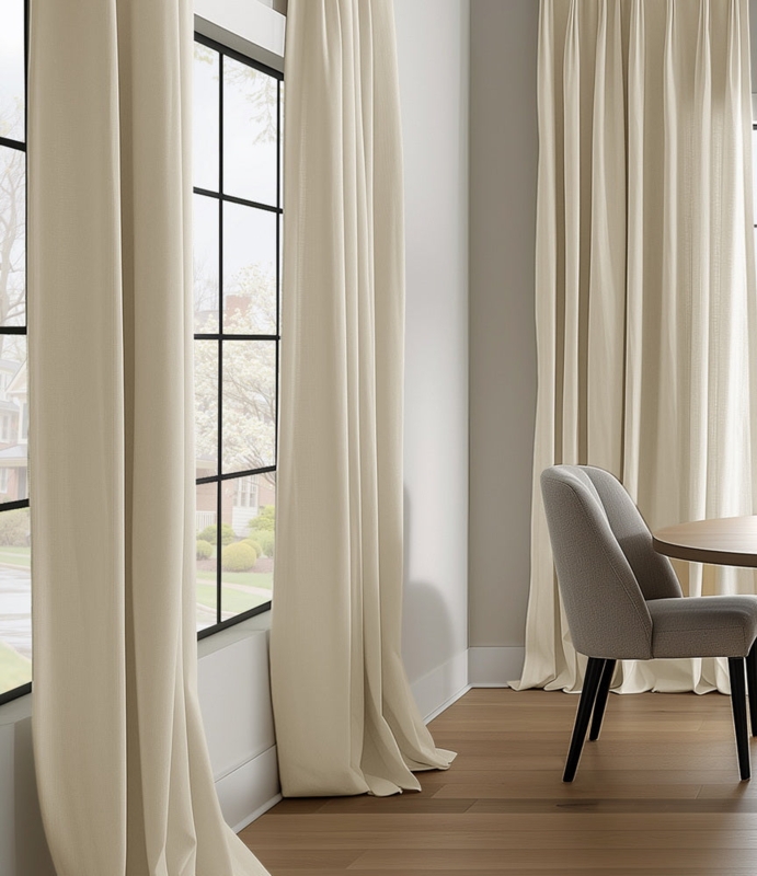 Custom Curtains Ancient Ivory Tailored Pleats Puddled Hem Modern Organic