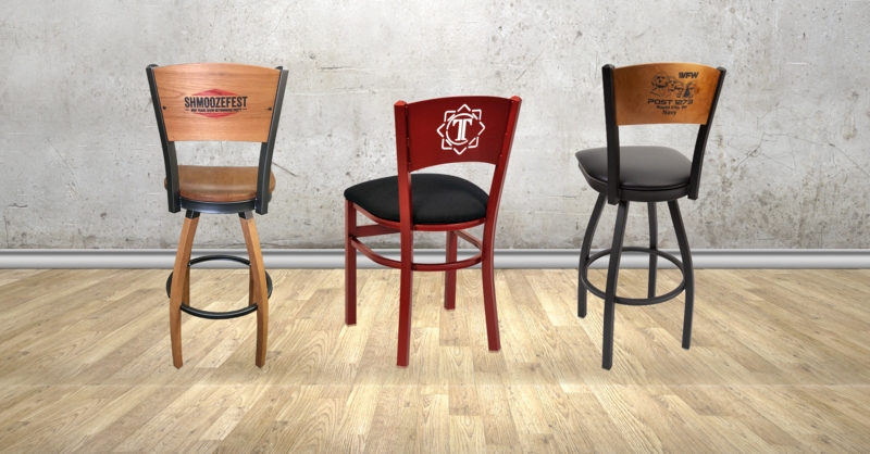 Custom Engraved Barstools, Laser Engraved Back, Cherry Red Frame