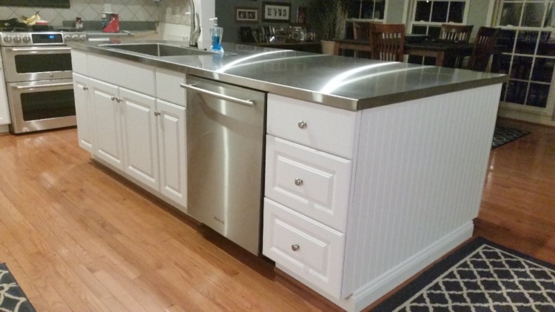 Custom Kitchen Island Stainless Countertop White Beadboard Base