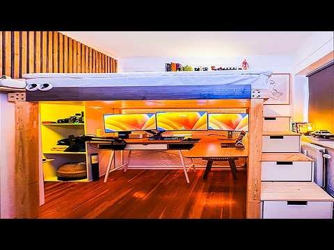 Custom Loft Bed Desk Combo with Navy Blue Accent Beam and Stair Drawers