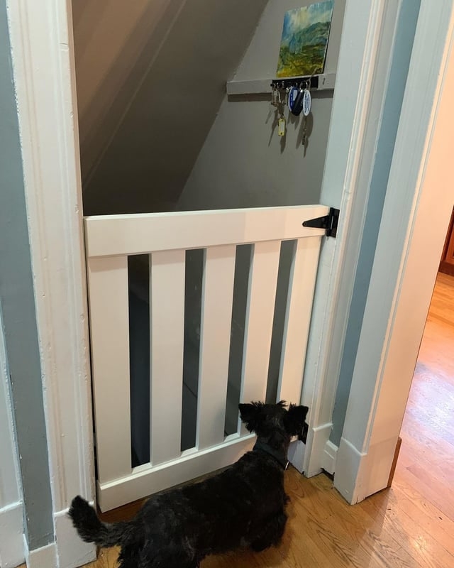Custom Pet Gate White Vertical Slats Strap Hinge Farmhouse (68/75)