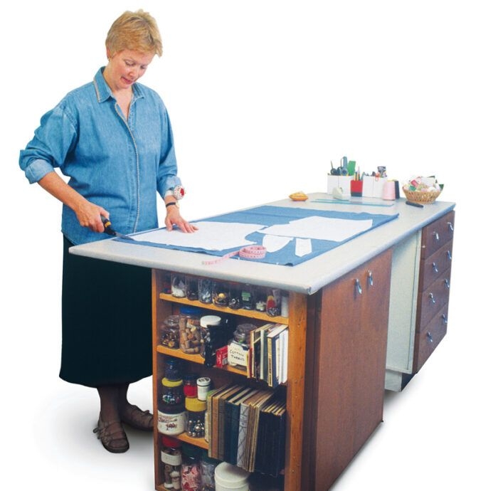 Cutting Table Overhanging Countertop Open Shelving Kneehole Recess
