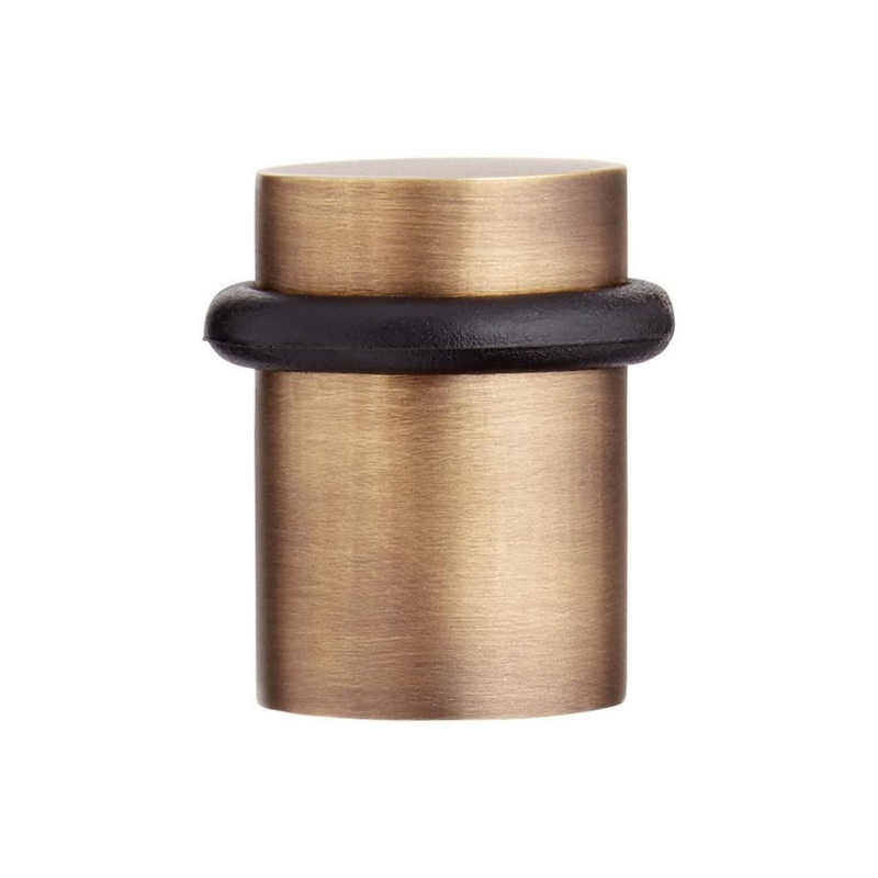 Cylindrical Door Stop: Solid Brass Flat Top Design, Black Rubber Bumper