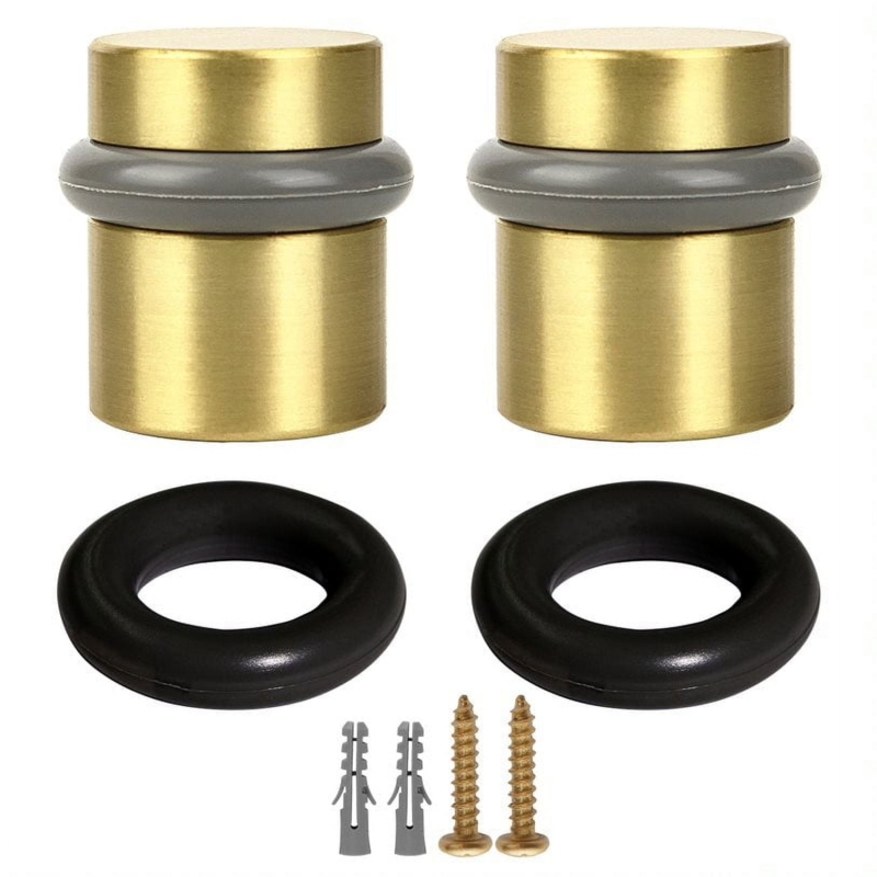 Cylindrical Door Stops: Satin Brass Finish, Grey Rubber Bumper 2-Pack