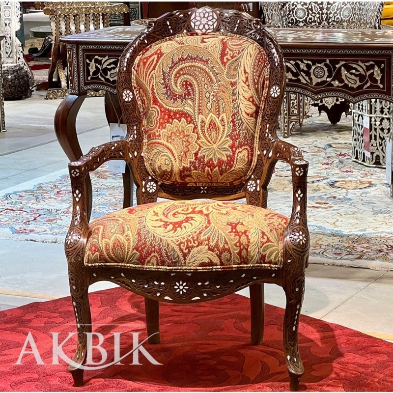 Damascene Armchair: Hand Carved with Mother of Pearl Inlay and Paisley