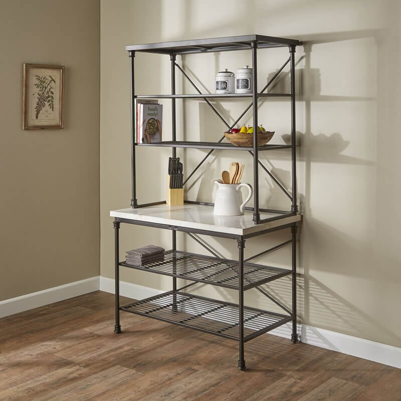 Dark Bronze Bakers Rack with Wire Mesh Shelves & Turned Posts