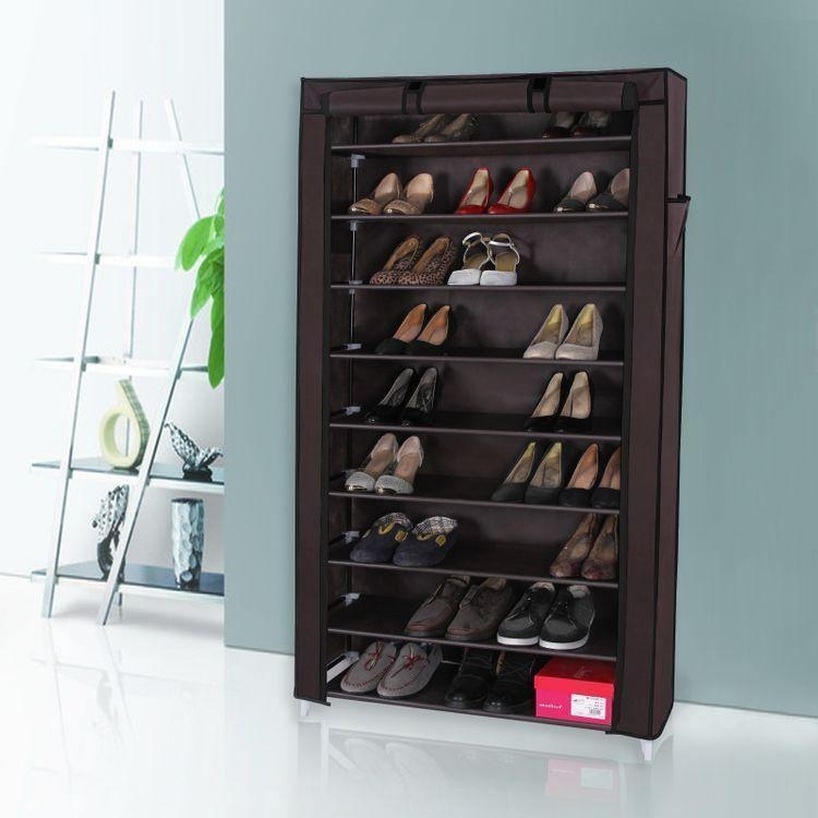 Dark Brown Fabric 10-Tier Shoe Rack with Roll-Up Cover and Side Pocket