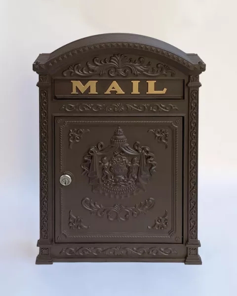 Dark Brown Locking Wall Mailbox Relief Carving Gold Toned Lettering