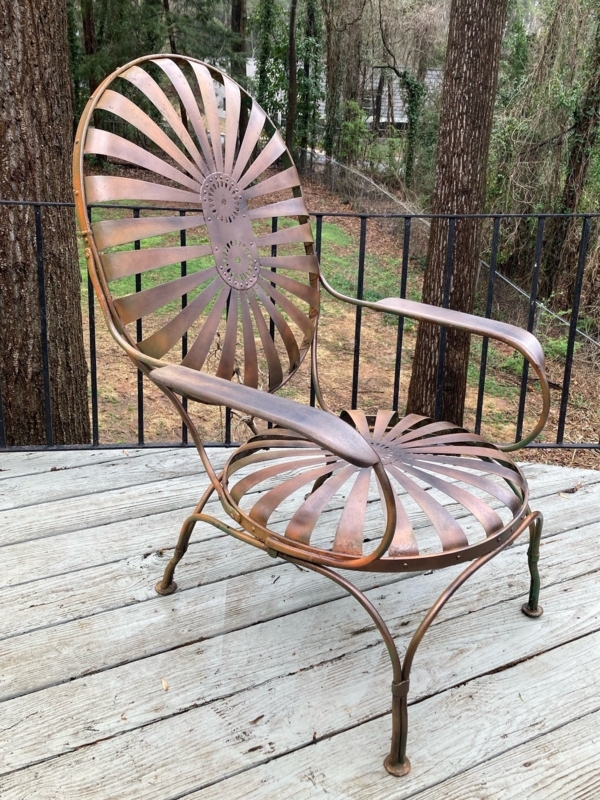 Dark Copper Metal Garden Lounge Chair with Sunburst Back and Radial Slats