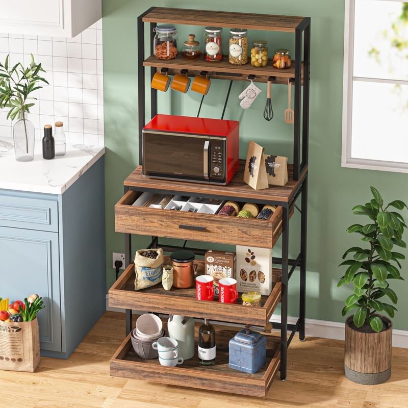 Dark Gray Bakers Rack with Sliding Shelves & Storage Drawer