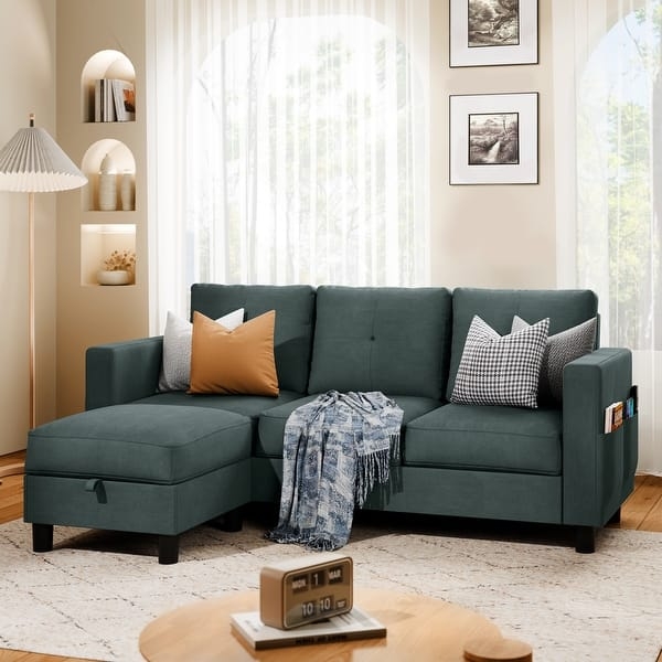 Dark Teal Sectional Couch featuring Side Armrest Storage Pocket