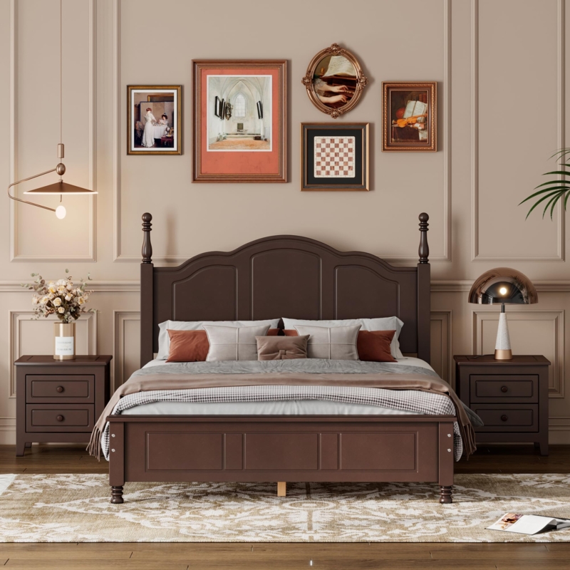 Dark Walnut Bed Set: Traditional Rustic 3-Piece with Turned Posts