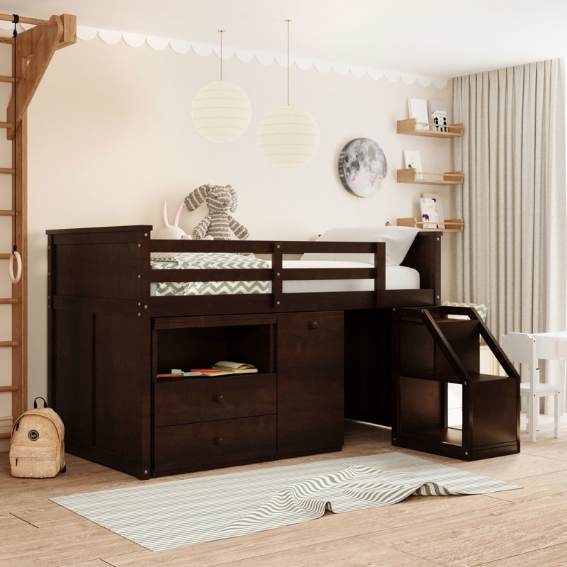 Dark Walnut Low Loft Bed featuring Storage Steps and Under Bed Desk