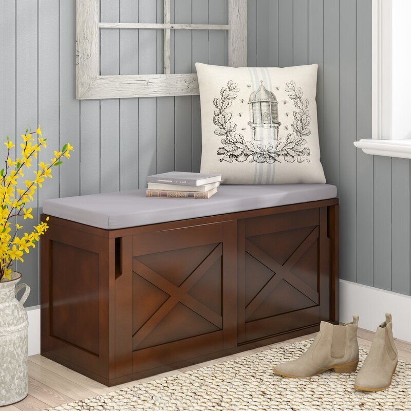 Dark Walnut Storage Bench with Sliding X-Panel Doors and Cushion