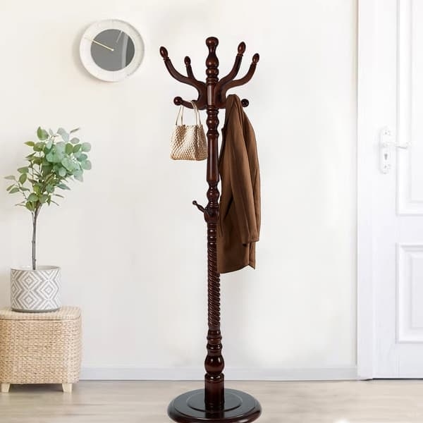 Dark Wood Hall Tree: Spiral Turned Post, Mahogany Finish with 14 Resin Hooks