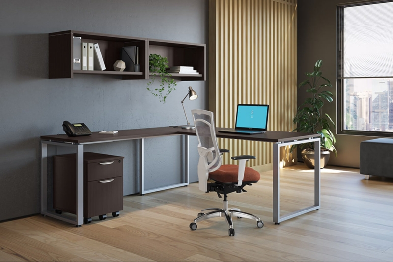 Dark Wood L-Shaped Desk with Matching Wall Hutch and Silver U-Legs