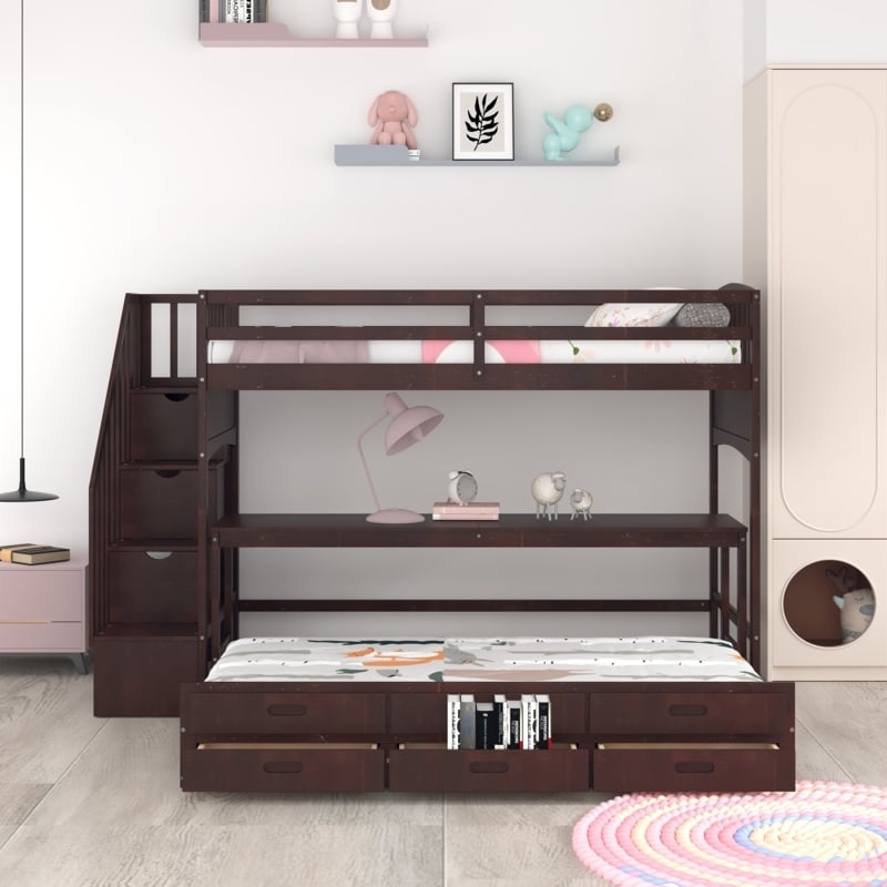 Dark Wood Loft Bed with Storage Stairs and Trundle