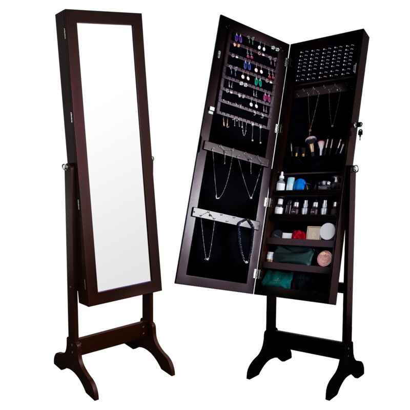 Dark Wood Tilting Jewelry Mirror with Lockable Storage