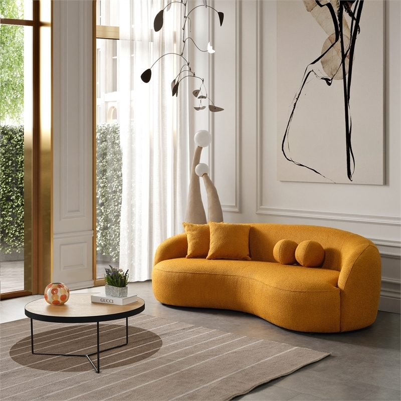 Dark Yellow Boucle Curved Sofa with Kidney Shaped Silhouette