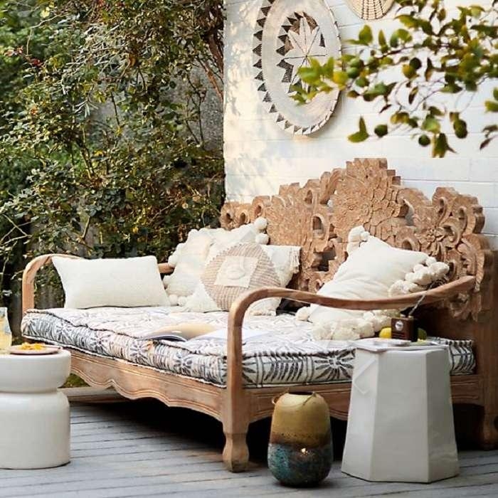 Daybed, Balinese Style, Hand Carved Floral Backrest, Wood Frame