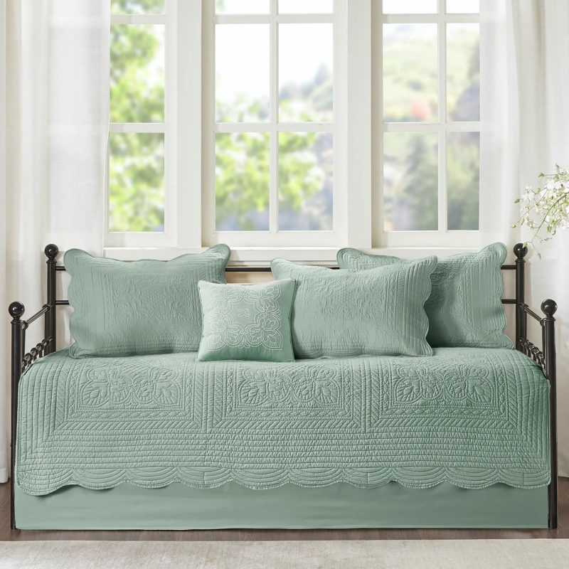 Daybed Bedding Seafoam Green Scalloped Edges Floral Medallion Quilt