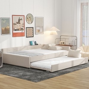 Daybed Beige Upholstered with Tufted Backrest and USB Ports