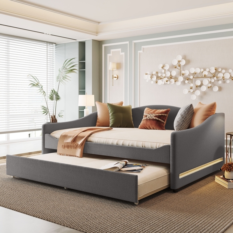 Daybed Charcoal Upholstered with Curved Back and LED Lighting