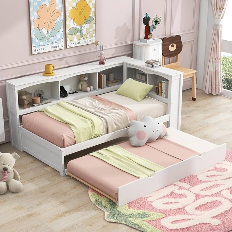 Daybed featuring L-Shaped Bookcase, Modern Cottage Style & Charging