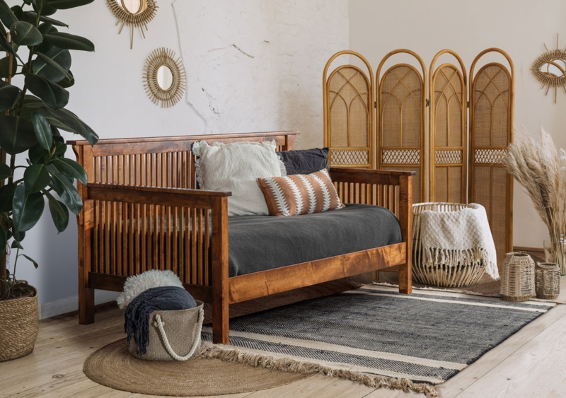 Daybed Honey Wood Finish Trundle Compatible Mission Slat Back