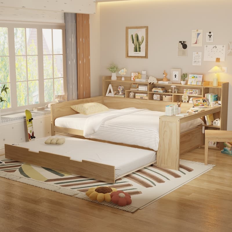 Daybed Light Wood Finish with Integrated Study Desk and Trundle