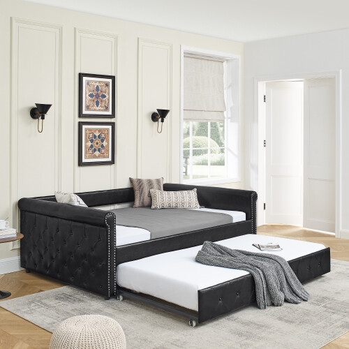Daybed Matte Black Faux Leather with Silver Nailhead Trim
