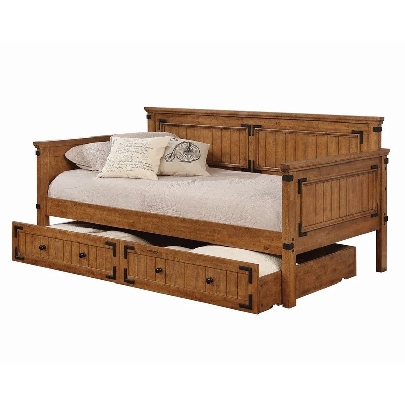 Daybed Rustic Mission Style Honey Oak Metal Corner Accents Trundle