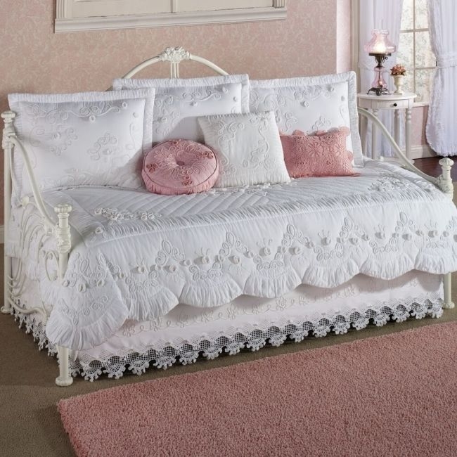 Daybed Scalloped Ruffles White Metal Frame Lace Eyelet Trim Shabby