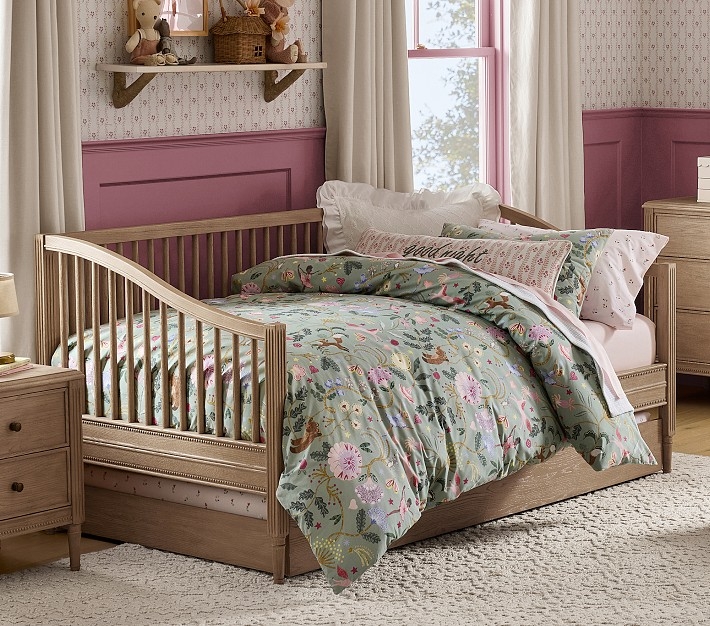 Daybed Spindle Back Integrated Trundle Curved Arms Wood Toned Sage